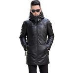 Erkek Hakiki Deri Şişme Mont Kaban, Kapüşonlu, Dar Kesim, Fermuarlı Cepler, Suya Dayanıklı, Siyah (Siyah, 6XL)