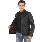 Erkek Hakiki Kuzu Derisi Ceket Siyah Biker Mont Kapitone Kollu Slim Fit El Yapımı Şık Deri Ceket