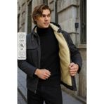Erkek Içi Kürklü Kapşonlu Kışlık Füme Bol Ceket - 2XL