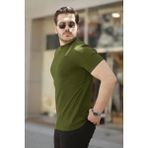 Erkek Ince Çizgi Dokulu Kısa Kollu Tişört - Haki - XL
