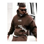 Erkek Kahverengi Los Angeles Baskılı Oversize Kapşonlu Sweatshirt