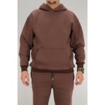 Erkek Kahverengi Oversize Kapüşonlu Sweatshirt 3 iplik Şardonlu Kanguru Cepli