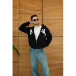 Erkek Kapüşonlu 3 İplik Şardonlu Önü Baskılı Fermuarlı Oversize Sweatshirt - Siyah