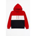 Erkek Kapüşonlu Cepli İçi Polarlı Parçalı Kırmızı Sweatshirt
