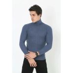 Erkek Kaşkorse Boğazlı Full Likralı Fitilli Body Kazak - İndigo