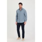 Erkek Kendinden Çizgi Detaylı Slim Fit Dar Kalıp Uzun Kol Gömlek - Mavi - XL