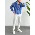 Erkek Keten Çizgili Yeni Sezon Oversize Gömlek - Lacivert - Beyaz - 2XL