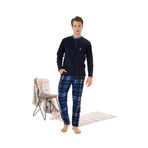 Erkek Kışlık Düğmeli Yaka Kareli Alt Polar Pijama Takımı Lacivert 2XL