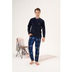 Erkek Kışlık Düğmeli Yaka Kareli Alt Polar Pijama Takımı Lacivert XL