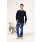 Erkek Kışlık Düğmeli Yaka Kareli Alt Polar Pijama Takımı