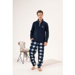 Erkek Kışlık Fermuarlı Yaka Kareli Alt Polar Pijama Takımı Lacivert 2XL