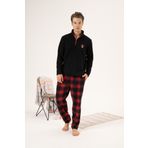 Erkek Kışlık Fermuarlı Yaka Kareli Alt Polar Pijama Takımı Siyah XL
