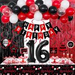 Erkek Kız Çocukları için 16. Doğum Günü Süslemeleri, Kırmızı ve Siyah 16. Doğum Günü Balonları Afiş Numarası 16 Balon Asılı Swirls Masa Örtüsü Folyo Saçak Perdeler Tatlı 16. Doğum Günü Süslemeleri