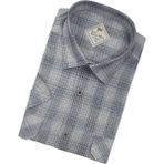 Erkek Klasik Bol Kesim Çift Cepli Ekoseli Keten Kısa Kollu Gömlek - 2XL - Gri - Siyah