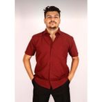 Erkek Klasik Kesim Dakron Kumaş Tek Cepli Kısa Kol Gömlek - Bordo - 2XL