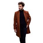 Erkek Klasik Moda Taba Yaka Düz İnce Paketler Yünlü Uzun Yün Ceket - Erkek Kahverengi Günlük Kısa Klasik Moda Takım Yaka Yün Uzun Yün Ceket, Klasik Kahverengi Yün Palto, M