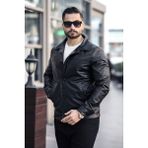 Erkek Klasik Yaka Düğmeli Siyah Deri Ceket - XL