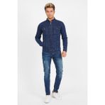 Erkek Koyu Mavi Fermuarlı Slim Fit Kot Ceket - XL