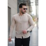 Erkek Krem Basic %100 Pamuklu Dökümlü Kumaş Uzun Kollu Salaş Gömlek - XL