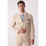Erkek Krem Erkek Krem Slim Fit Yün Kruvaze Takım Elbise