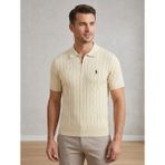 Erkek Krem Fermuarlı Saç Örgü Desenli Triko Polo T-Shirt - 2XL