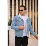 Erkek Kürklü Denim Kot Mont – Kışlık Sıcak ve Şık Dış Giyim - Buz Mavi - Krem - XL