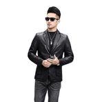 Erkek Kuzu Derisi Blazer Ceket, İki Düğmeli, Dar Kesim, Suya Dayanıklı (Siyah, 4XL)