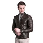 Erkek Kuzu Derisi Deri Mont, Hakim Yaka, Slim Fit, Fermuarlı (Kahverengi, XL)