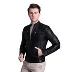 Erkek Kuzu Derisi Deri Mont, Hakim Yaka, Slim Fit, Fermuarlı (Siyah, 3XL)