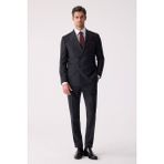 Erkek Lacivert Çizgili Slim Fit %100 Yün Çizgili Kruvaze Takım Elbise