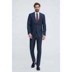 Erkek Lacivert Gri Regular Fit Çizgili Takım Elbise - Lacivert - Gri - 58 / 6