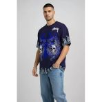 Erkek Lacivert Oversize Tişört Dragon & Kuru Kafa Baskılı Bisiklet Yaka Streetwear T-Shirt - Lacivert