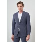 Erkek Lacivert Poliviskon Trend Çizgili Slim Fit Mono Yaka Takım Elbise