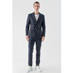 Erkek Lacivert Poliviskon Trend Kruvaze Slim Fit Sivri Yaka Takım Elbise
