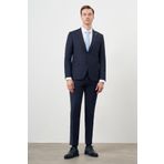 Erkek Lacivert Yünlü Platinium Ekoseli Slim Fit Mono Yaka Takım Elbise