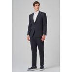 Erkek Lacivert Yünlü Trend Desenli Dynamic Fit Mono Yaka Takım Elbise - 6 Drop - 54