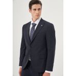 Erkek Lacivert Yünlü Trend Ekoseli Slim Fit Sivri Yaka Takım Elbise