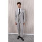 Erkek Likralı Slim Fit Sivri Yaka Yelekli Takım Elbise - 48 - Açık Bej