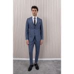 Erkek Likralı Slim Fit Sivri Yaka Yelekli Takım Elbise - 48 - İndigo