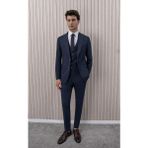 Erkek Likralı Slim Fit Sivri Yaka Yelekli Takım Elbise - 50 - Açık Lacivert