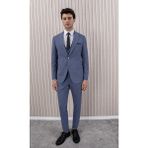 Erkek Likralı Slim Fit Sivri Yaka Yelekli Takım Elbise - 52 - Açık Lacivert