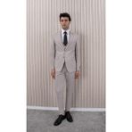 Erkek Likralı Slim Fit Sivri Yaka Yelekli Takım Elbise - 56 - Açık Bej