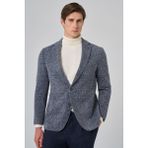 Erkek Marine Örme Trend Ekoseli Slim Fit Mono Yaka Ceket
