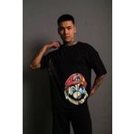 Erkek Mario Baskılı Oversize T-shirt - Siyah