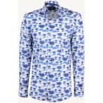 Erkek Mavi Beyaz Slim Fit Palmiye Desenli %100 Keten Gömlek - Mavi - Beyaz