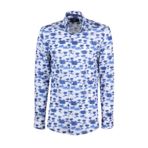 Erkek Mavi Beyaz Slim Fit Palmiye Desenli%100 Keten Gömlek