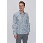 Erkek Mavi Pamuk Baskılı Slim Fit Dar Kesim Gömlek