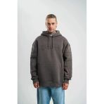 Erkek Nakış İşlemeli Kapşonlu Antrasit Sweatshirt Üç İplik Double Oversize- Füme