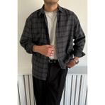 Erkek Oversize %100 Pamuk Ekose Gömlek - Siyah