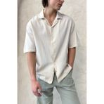 Erkek Oversize Apaş Yaka Kısa Kollu Keten Gömlek - Bej - XL